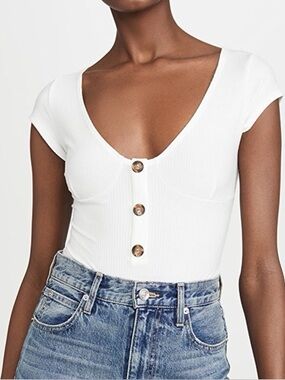 Reformation Marten Ribbed Stretch Tencel Bodysuit Ivory Button Front XL